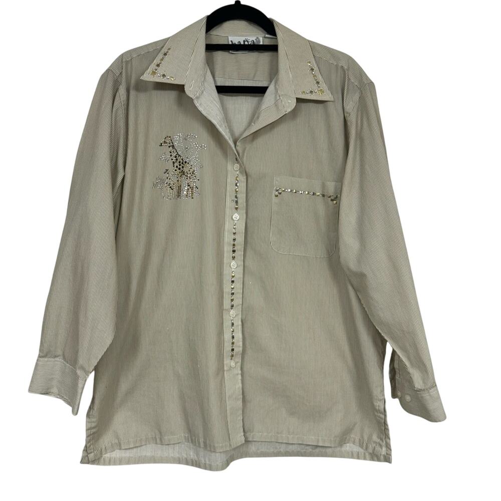 Vintage Hana Striped Giraffe Rhinestone Button Down Shirt Womens L Quirky Zoo